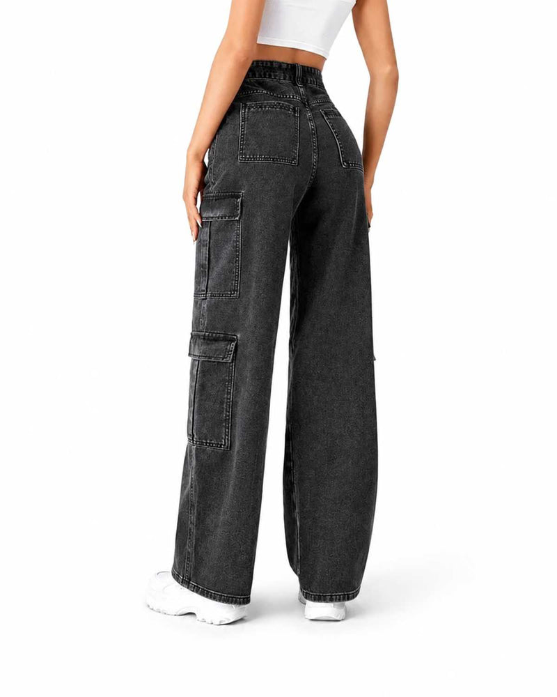 Eizaro Dark Grey 8 Pocket Cargo Wide Leg Jeans Full Length Street Style Women India