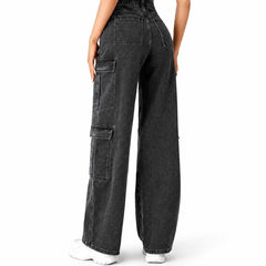 Eizaro Dark Grey 8 Pocket Cargo Wide Leg Jeans Full Length Street Style Women India