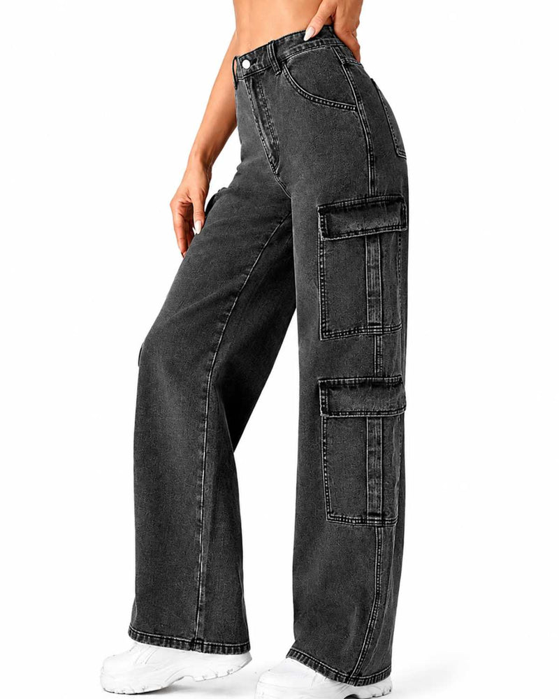 Eizaro Dark Grey 8 Pocket Cargo Wide Leg Jeans Large Pocket Detail Women Pure Denim India