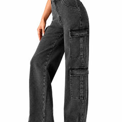 Eizaro Dark Grey 8 Pocket Cargo Wide Leg Jeans Large Pocket Detail Women Pure Denim India