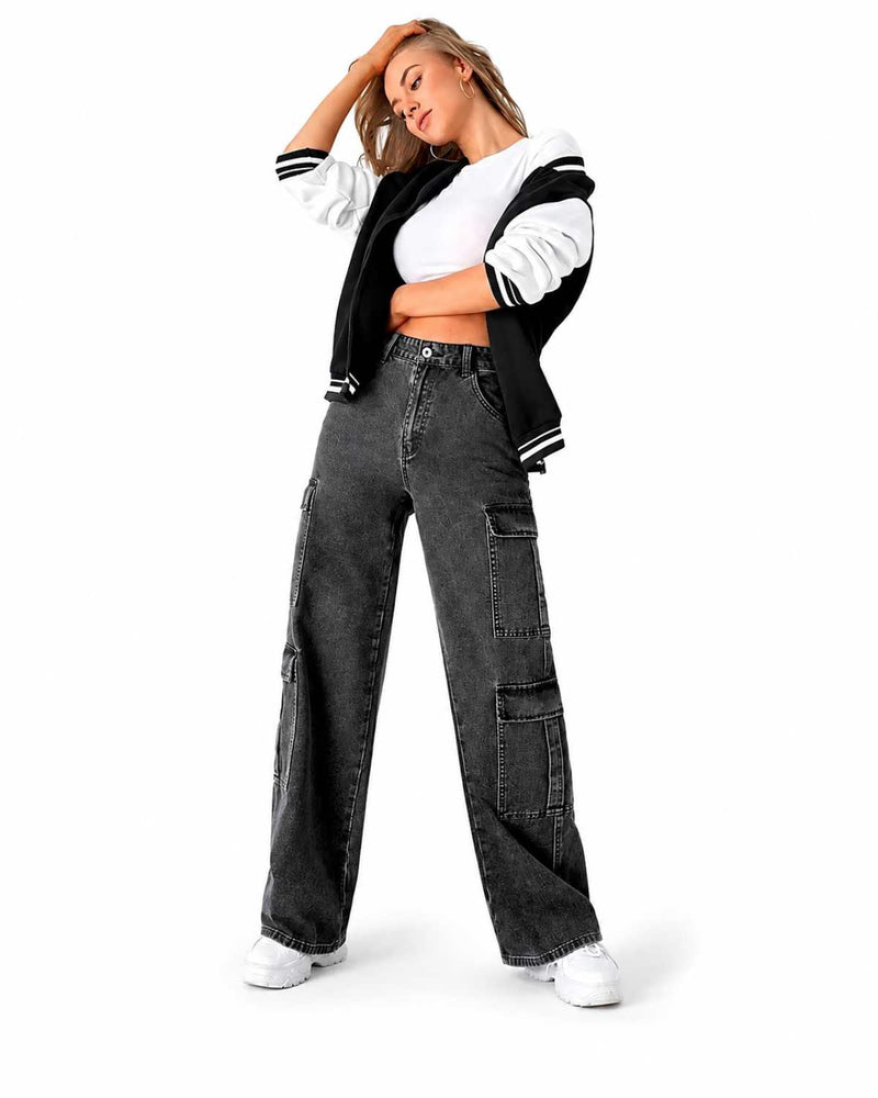 Eizaro Dark Grey 8 Pocket Cargo Wide Leg Jeans Side Angle Full Length Pure Denim India