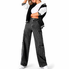 Eizaro Dark Grey 8 Pocket Cargo Wide Leg Jeans Side Angle Full Length Pure Denim India