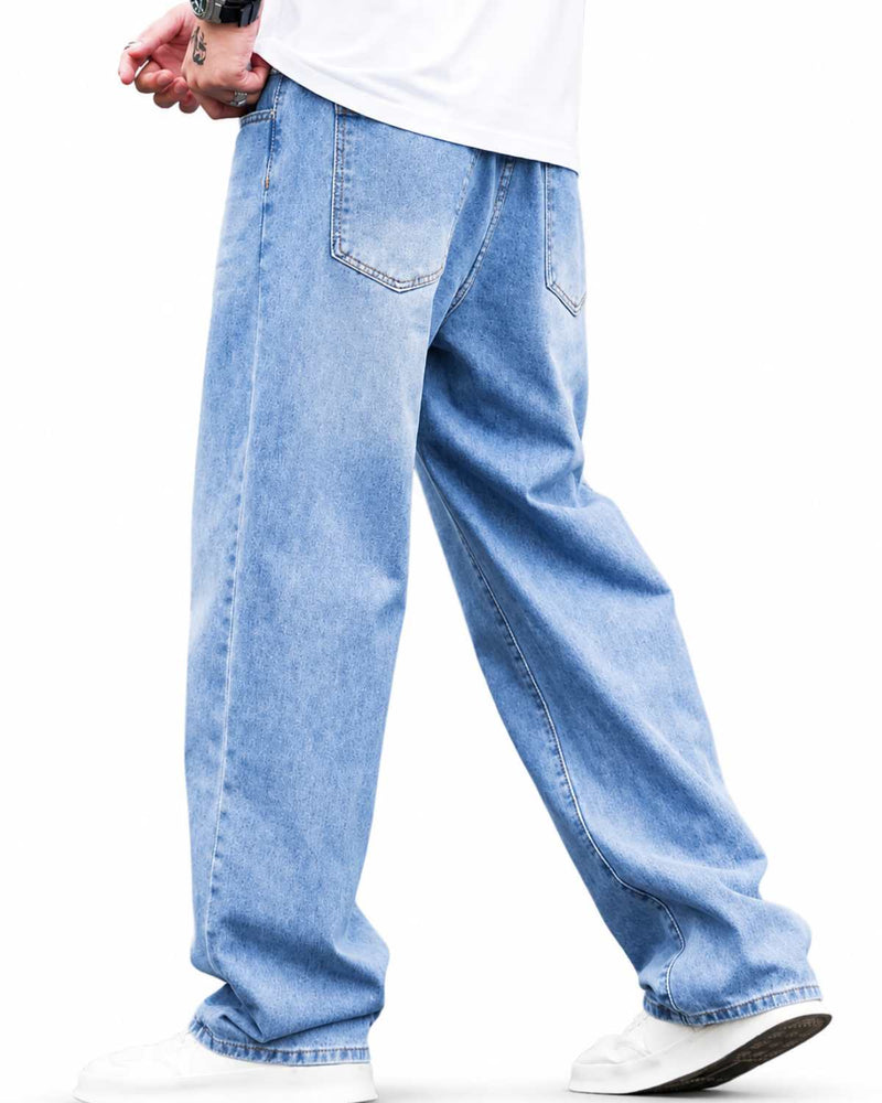 Eizaro Ice Blue Baggy Loose Fit Jeans Men Dynamic Pose Street Style Pure Denim India