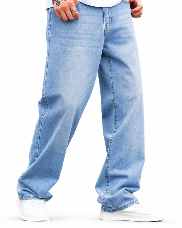 Eizaro Ice Blue Baggy Loose Fit Jeans Men Front View 100% Pure Denim India