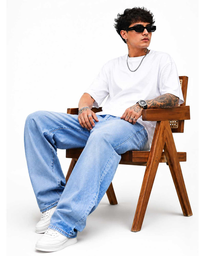 Eizaro Ice Blue Baggy Loose Fit Jeans Men Seated Lifestyle Casual Street Style India