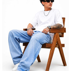 Eizaro Ice Blue Baggy Loose Fit Jeans Men Seated Lifestyle Casual Street Style India