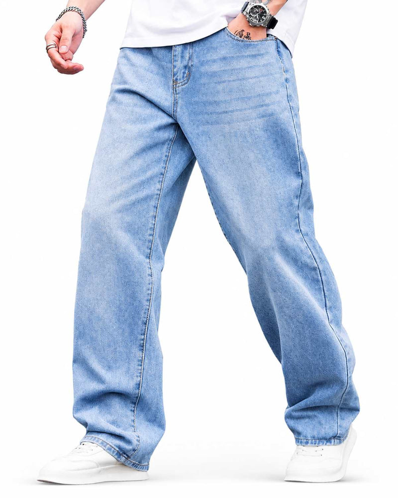 Eizaro Ice Blue Baggy Loose Fit Jeans Men Side View 41 Inch Pure Denim India