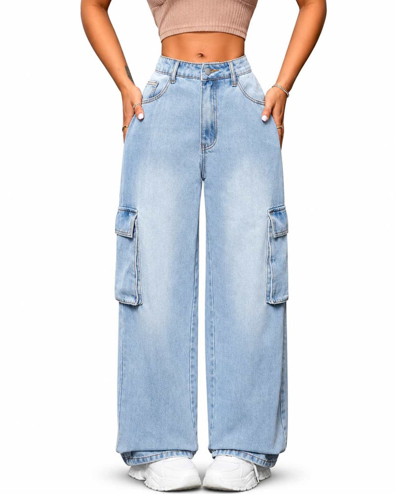 Eizaro Ice Blue Wide Leg High Waist Cargo Jeans Front View 100% Pure Denim Women India