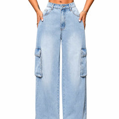 Eizaro Ice Blue Wide Leg High Waist Cargo Jeans Front View 100% Pure Denim Women India