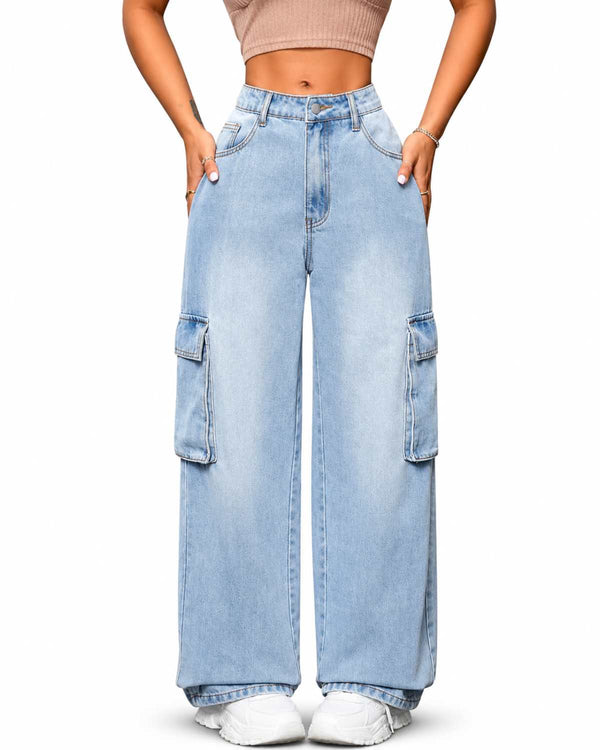 Eizaro Ice Blue Wide Leg High Waist Cargo Jeans Front View 100% Pure Denim Women India