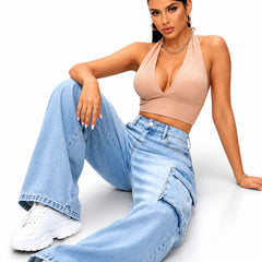 Eizaro Ice Blue Wide Leg High Waist Cargo Jeans Lifestyle Seated Pure Denim Women India