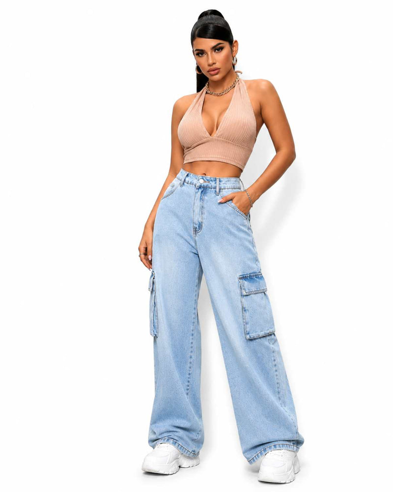 Eizaro Ice Blue Wide Leg High Waist Cargo Jeans Large Pocket Detail Women India