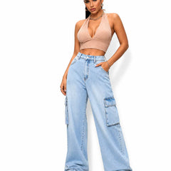 Eizaro Ice Blue Wide Leg High Waist Cargo Jeans Large Pocket Detail Women India