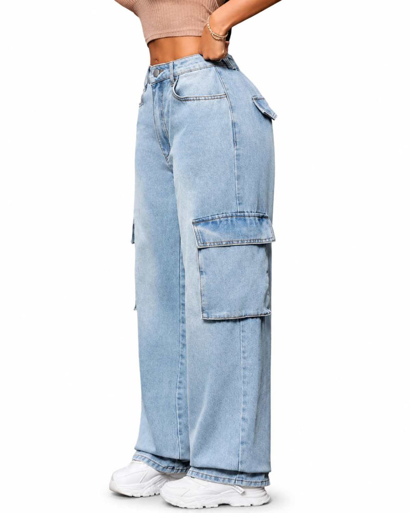 Eizaro Ice Blue Wide Leg High Waist Cargo Jeans Side Angle Full Length Pure Denim India