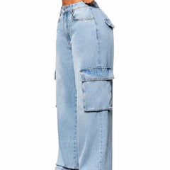 Eizaro Ice Blue Wide Leg High Waist Cargo Jeans Side Angle Full Length Pure Denim India