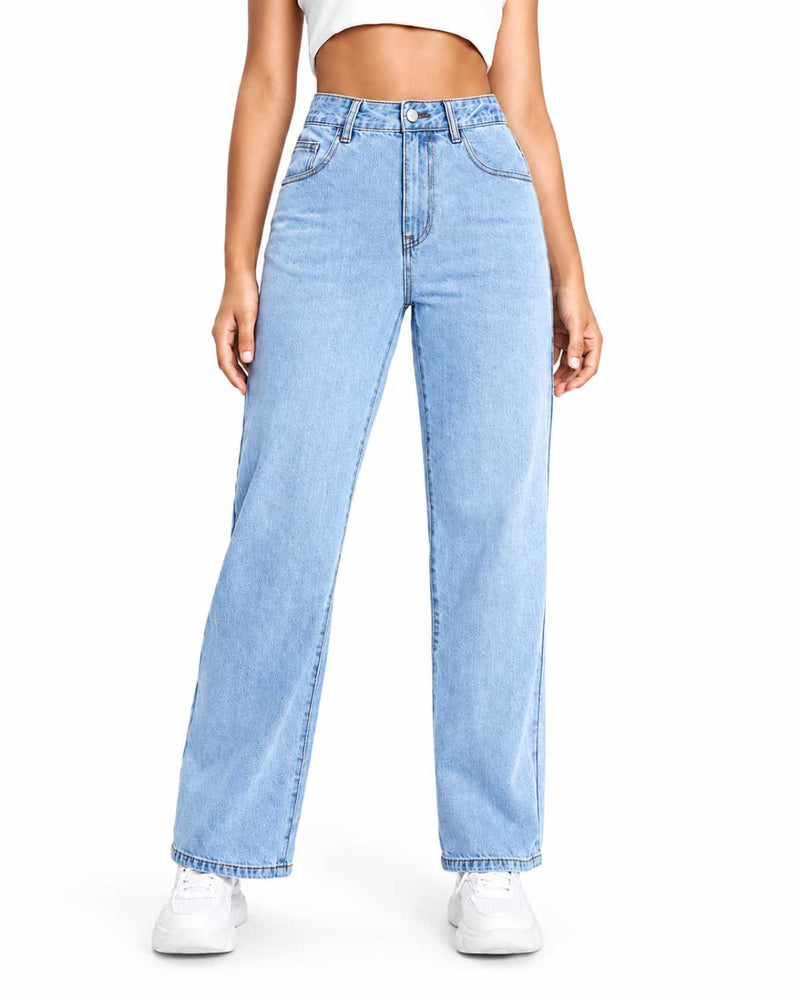 Eizaro Light Blue High Rise Wide Leg Jogger Jeans Front View 100% Pure Denim Women India