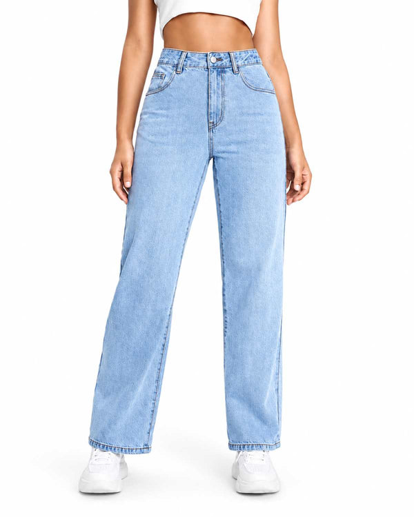 Eizaro Light Blue High Rise Wide Leg Jogger Jeans Front View 100% Pure Denim Women India