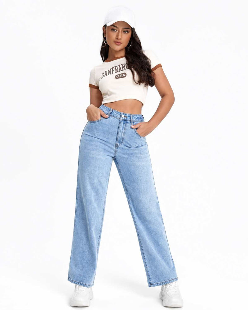 Eizaro Light Blue High Rise Wide Leg Jogger Jeans Full Length Street Style Women India