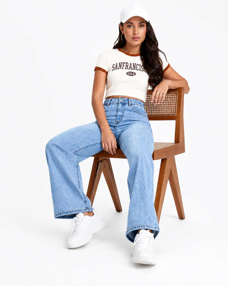 Eizaro Light Blue High Rise Wide Leg Jogger Jeans Seated Lifestyle Casual Women India