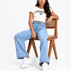 Eizaro Light Blue High Rise Wide Leg Jogger Jeans Seated Lifestyle Casual Women India