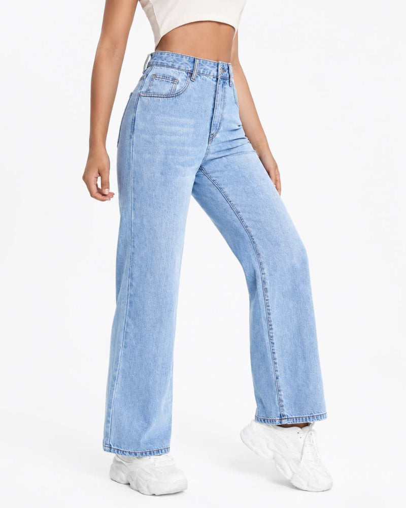 Eizaro Light Blue High Rise Wide Leg Jogger Jeans Side View 41 Inch Pure Denim Women