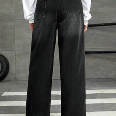 Back view of Eizaro baggy fit black jeans with strong stitching detail