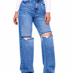 Eizaro Mid Blue Double Ripped Wide Leg Jeans Front View 100% Pure Denim High Waist India