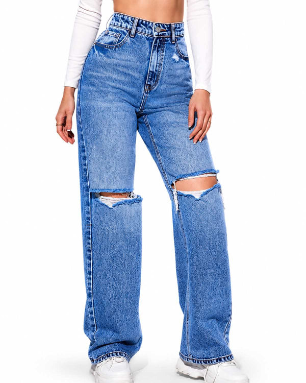 Eizaro Mid Blue Double Ripped Wide Leg Jeans Front View 100% Pure Denim High Waist India