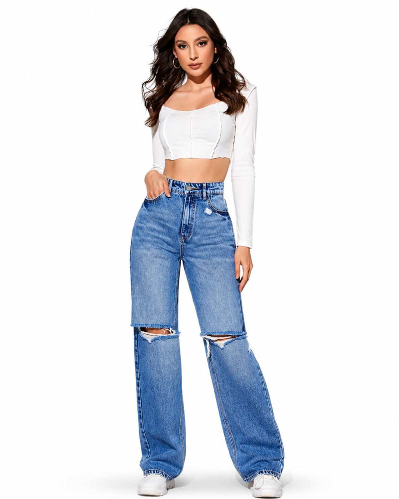 Eizaro Mid Blue Double Ripped Wide Leg Jeans Full Length Street Style Women India
