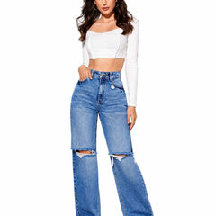Eizaro Mid Blue Double Ripped Wide Leg Jeans Full Length Street Style Women India