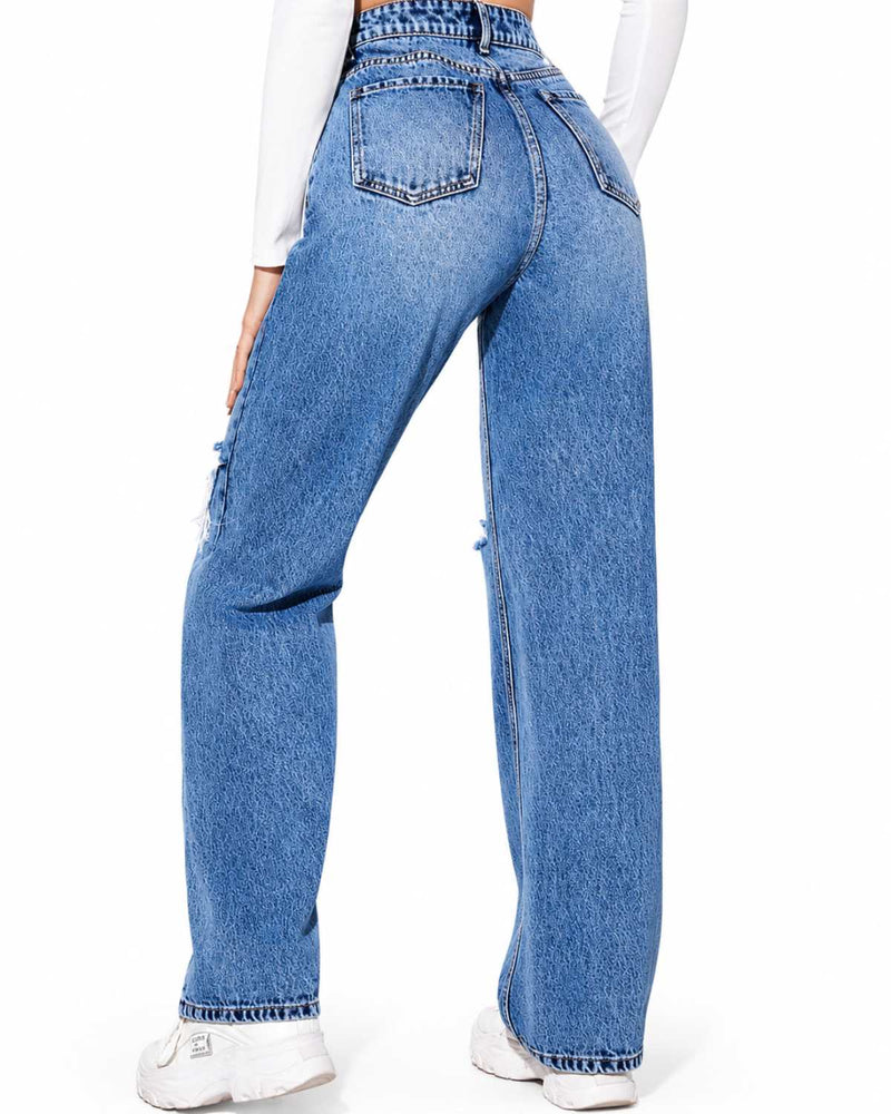 Eizaro Mid Blue Double Ripped Wide Leg Jeans Double Torn Knee Thigh Detail Women India