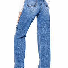 Eizaro Mid Blue Double Ripped Wide Leg Jeans Double Torn Knee Thigh Detail Women India