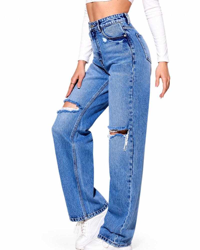 Eizaro Mid Blue Double Ripped Wide Leg Jeans Side Angle Torn Detail Pure Denim India