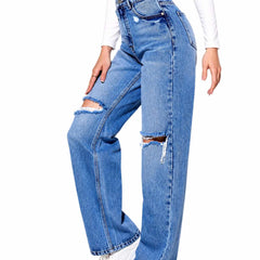 Eizaro Mid Blue Double Ripped Wide Leg Jeans Side Angle Torn Detail Pure Denim India