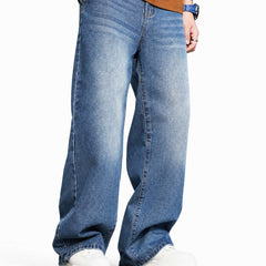 Eizaro Mid Blue Shaded Baggy Fit Jeans Men Front View 100% Pure Denim India
