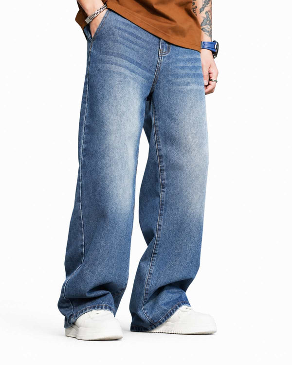 Eizaro Mid Blue Shaded Baggy Fit Jeans Men Front View 100% Pure Denim India