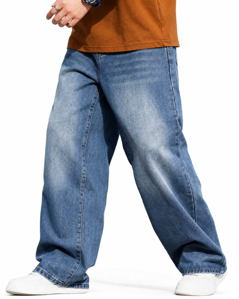 Eizaro Mid Blue Shaded Baggy Fit Jeans Men Side Angle Wide Leg Pure Denim India