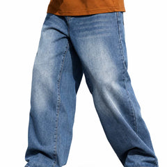 Eizaro Mid Blue Shaded Baggy Fit Jeans Men Side Angle Wide Leg Pure Denim India