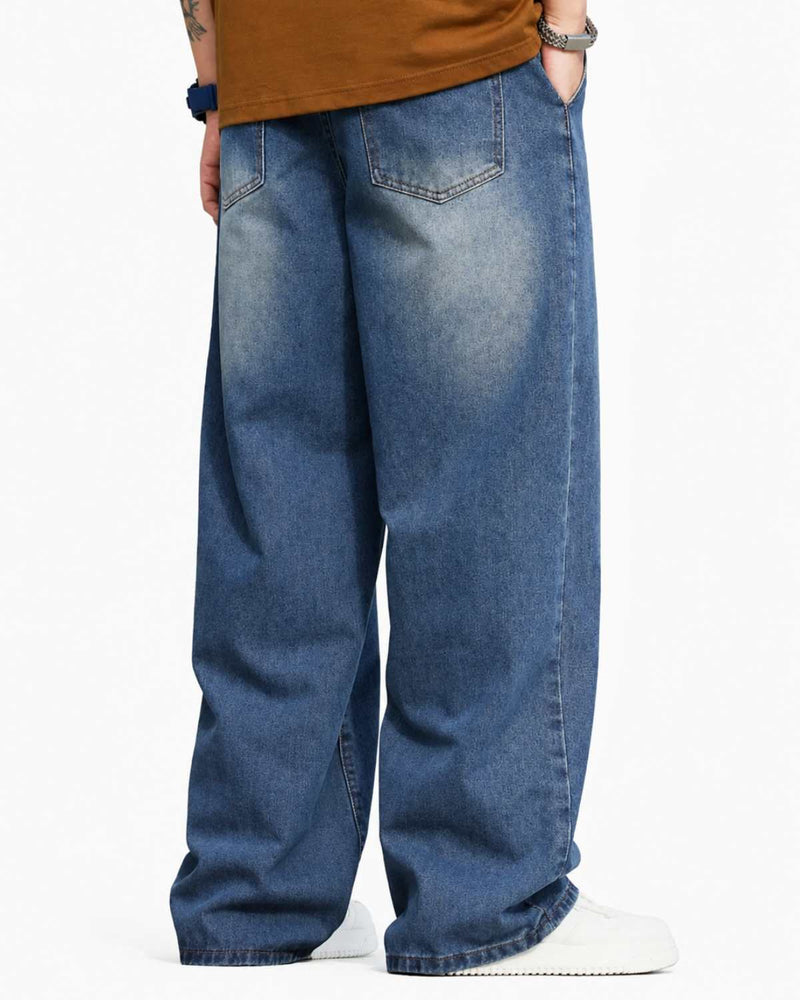 Eizaro Mid Blue Shaded Baggy Fit Jeans Men Side View 41 Inch Pure Denim India