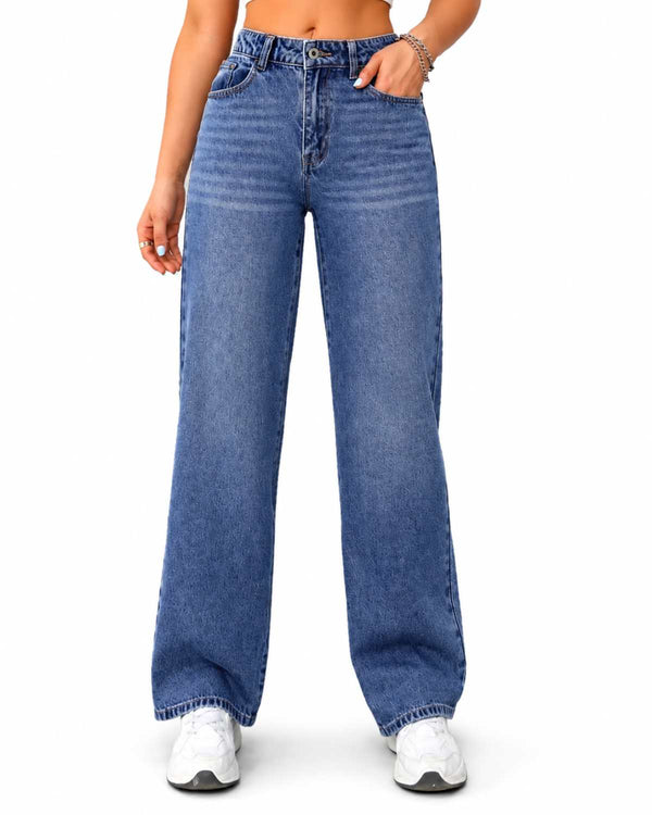 Eizaro Mid Blue Whisker Wash Wide Leg Jeans Front View 100% Pure Denim High Waist India