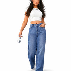 Eizaro Mid Blue Whisker Wash Wide Leg Jeans Full Length Street Style Women India