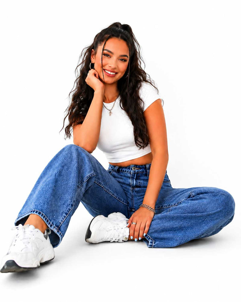 Eizaro Mid Blue Whisker Wash Wide Leg Jeans Seated Lifestyle Casual Women India
