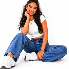 Eizaro Mid Blue Whisker Wash Wide Leg Jeans Seated Lifestyle Casual Women India