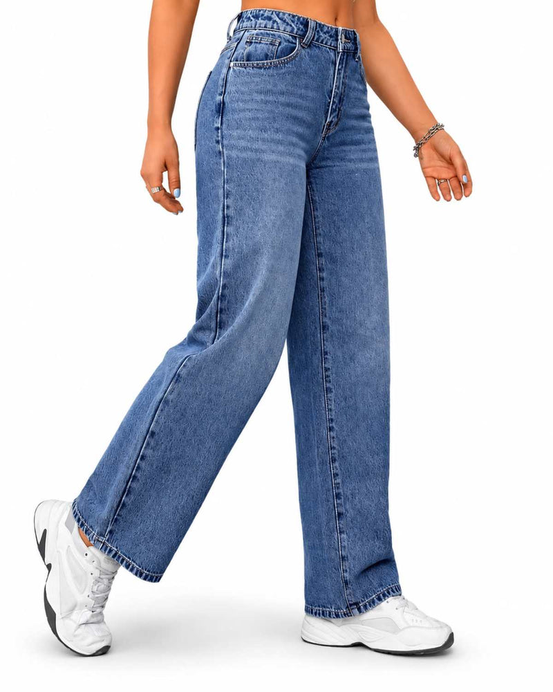 Eizaro Mid Blue Whisker Wash Wide Leg Jeans Side Angle Full Length Pure Denim India