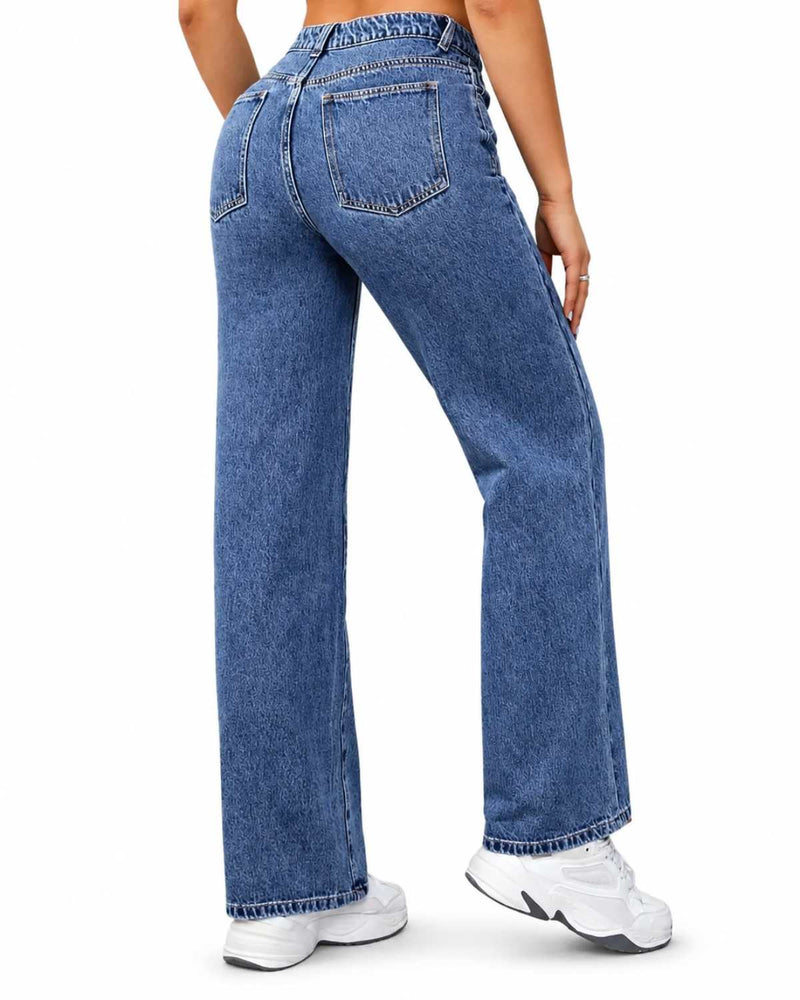 Eizaro Mid Blue Whisker Wash Wide Leg Jeans Whisker Detail High Waist Pure Denim Women