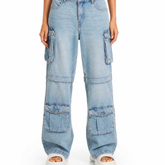 Eizaro Light Blue Multi Pocket Cargo Jeans Back Angle Street Style Women India