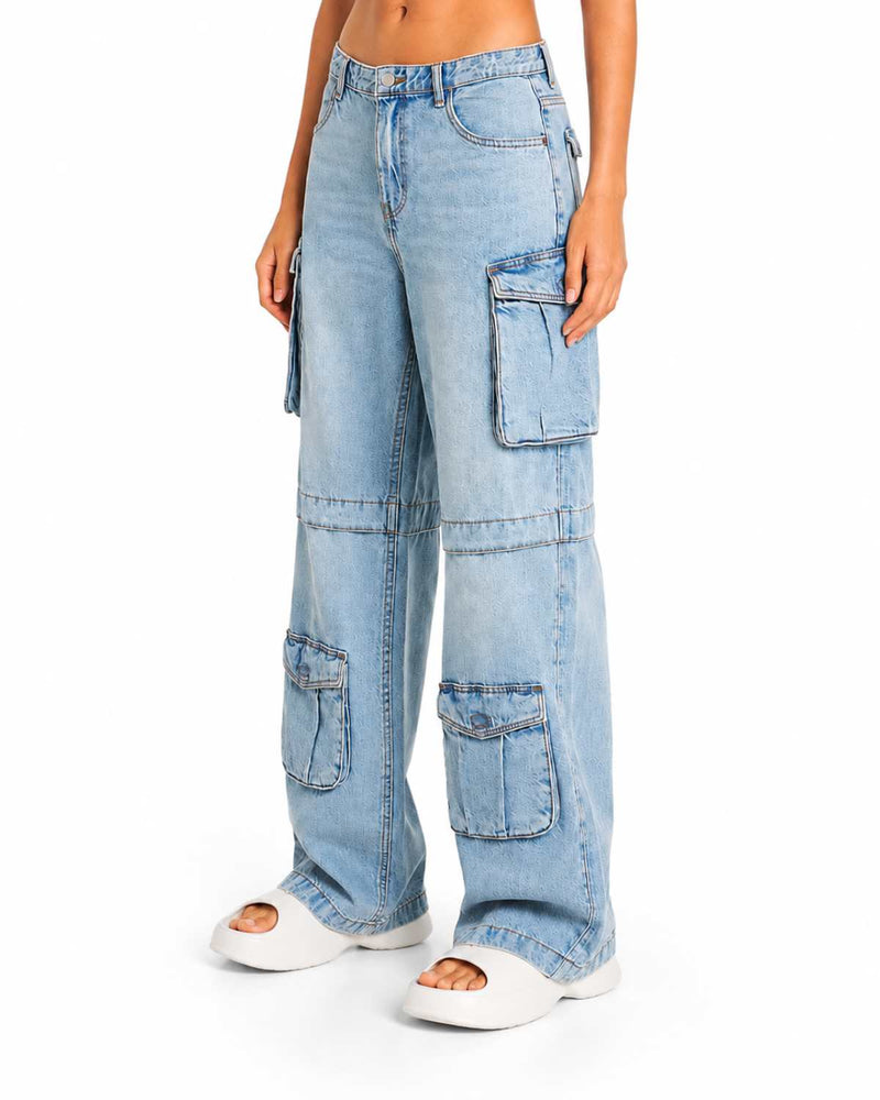 Eizaro Light Blue Multi Pocket Cargo Jeans Front View 100% Pure Denim High Waist India