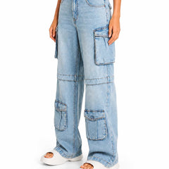 Eizaro Light Blue Multi Pocket Cargo Jeans Front View 100% Pure Denim High Waist India