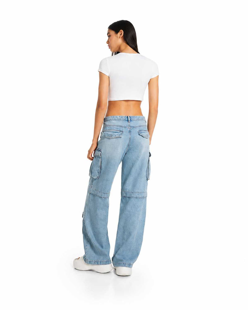 Multiple Pockets Cargo Wide Leg High Waist Jeans Back View Light Blue Denim - Eizaro