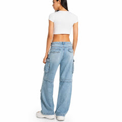 Multiple Pockets Cargo Wide Leg High Waist Jeans Back View Light Blue Denim - Eizaro